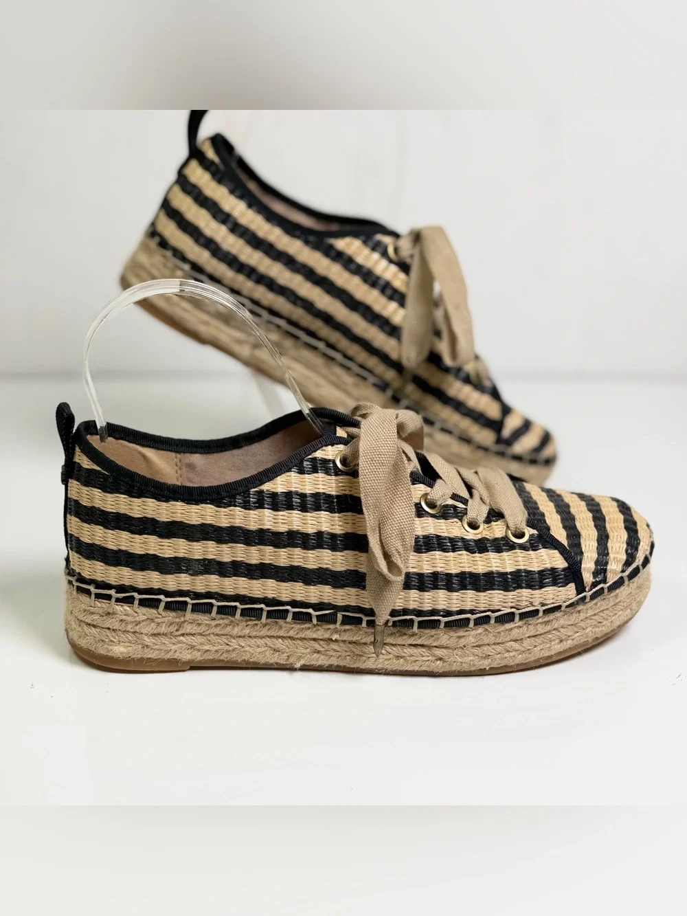Sam Edelman Celina Raffia Platform Espadrille Sneakers Women 9 Black Tan Stripe